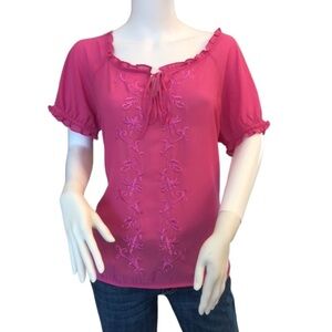 Loft Pink Sheer Embroidered Blouse Medium